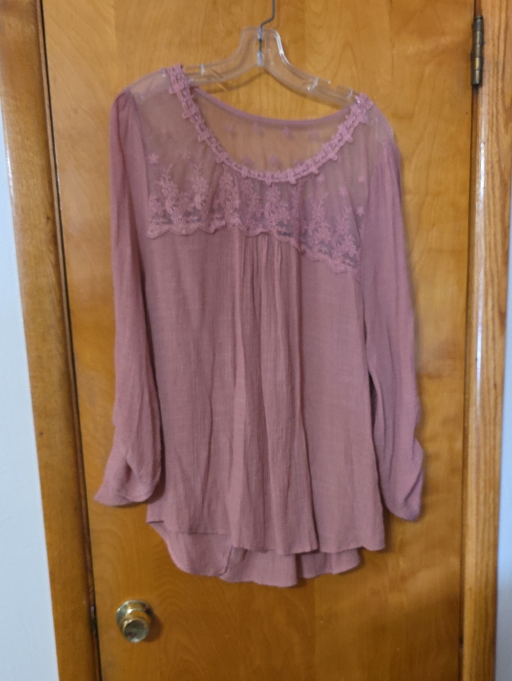 Women's Lace Yoke Long-Sleeve Blouse - Dusty Rose.  3xl Fits More Like A 2x